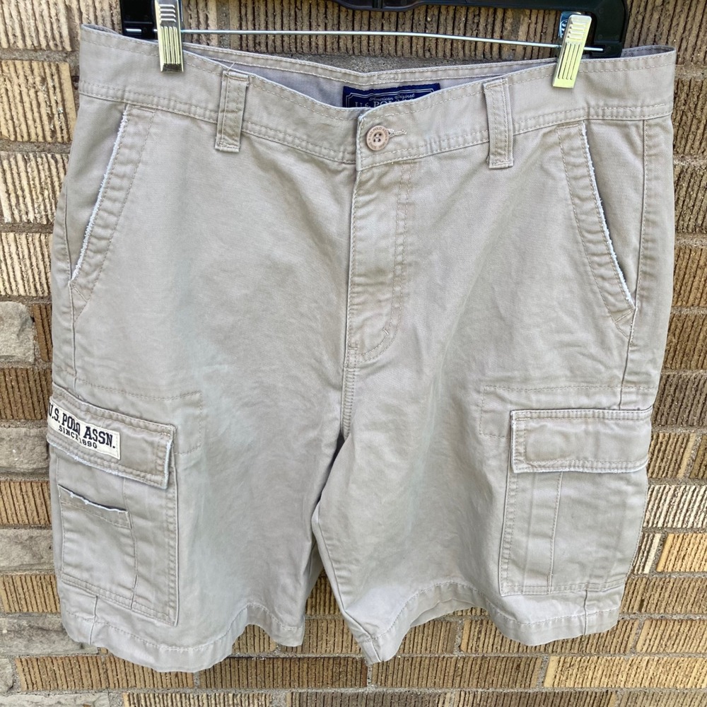 US Polo Assn Mens 34 Cargo Shorts Khaki Tan Cotton Twill Multi Pocket